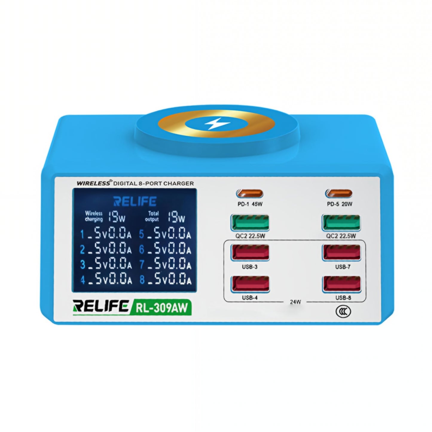 Polnilna postaja Relife RL-309AW, 100W, 5A, 2 x USB-C - 6 x USB-A, Modra