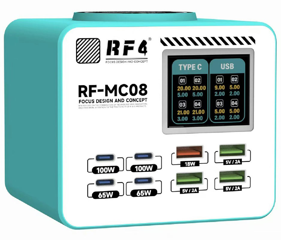 Polnilec postaje RF4 RF-MC08, 150W, 5A, 4 x USB-A - 4 x USB-C, turkizna