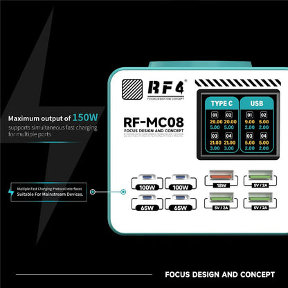 Polnilec postaje RF4 RF-MC08, 150W, 5A, 4 x USB-A - 4 x USB-C, turkizna