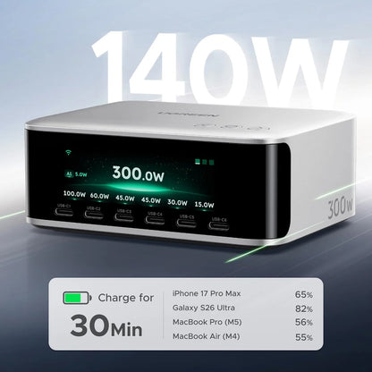 Polnilna postaja UGREEN Nexode Pro X783 (75753B) z zaslonom, 300 W, 5 A, 1 × USB-A – 6 × USB-C – 1 × DC, siva