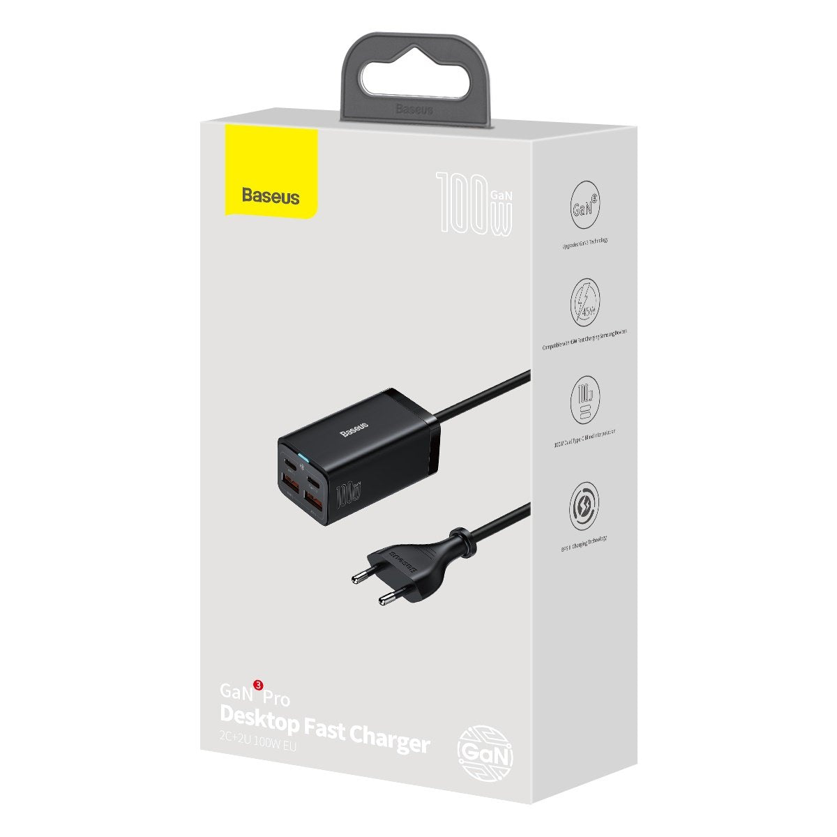 Polnilna postaja USB-C Baseus GaN3 Pro, 100W, 5A, 2 x USB-A - 2 x USB-C, črna, ponovno zapakirano CCGP000101