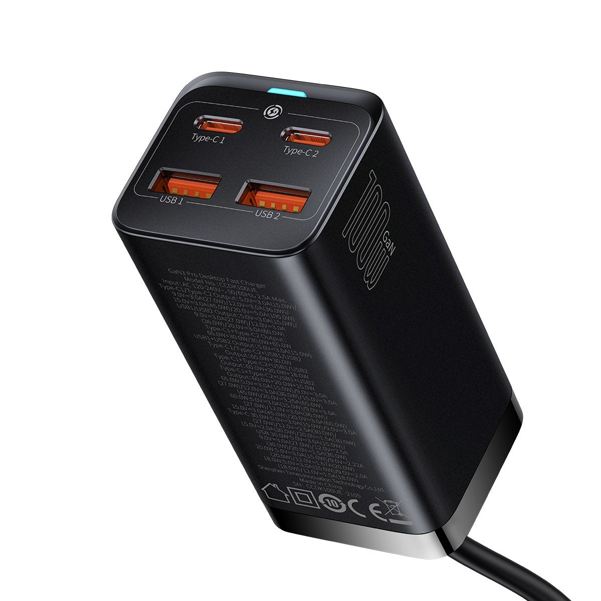 Polnilna postaja USB-C Baseus GaN3 Pro, 100W, 5A, 2 x USB-A - 2 x USB-C, črna, ponovno zapakirano CCGP000101