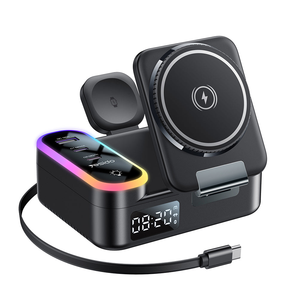 Polnilna postaja Yesido DS38 Display QI 3in1, 65W, 3A, 1 x USB-A - 2 x USB-C, Črna