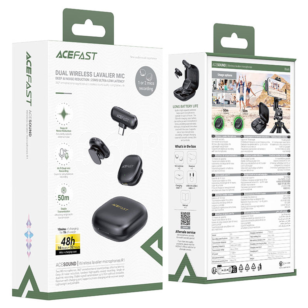 Lavalier Acefast R1, USB-C, Set 2 kosa, Črna