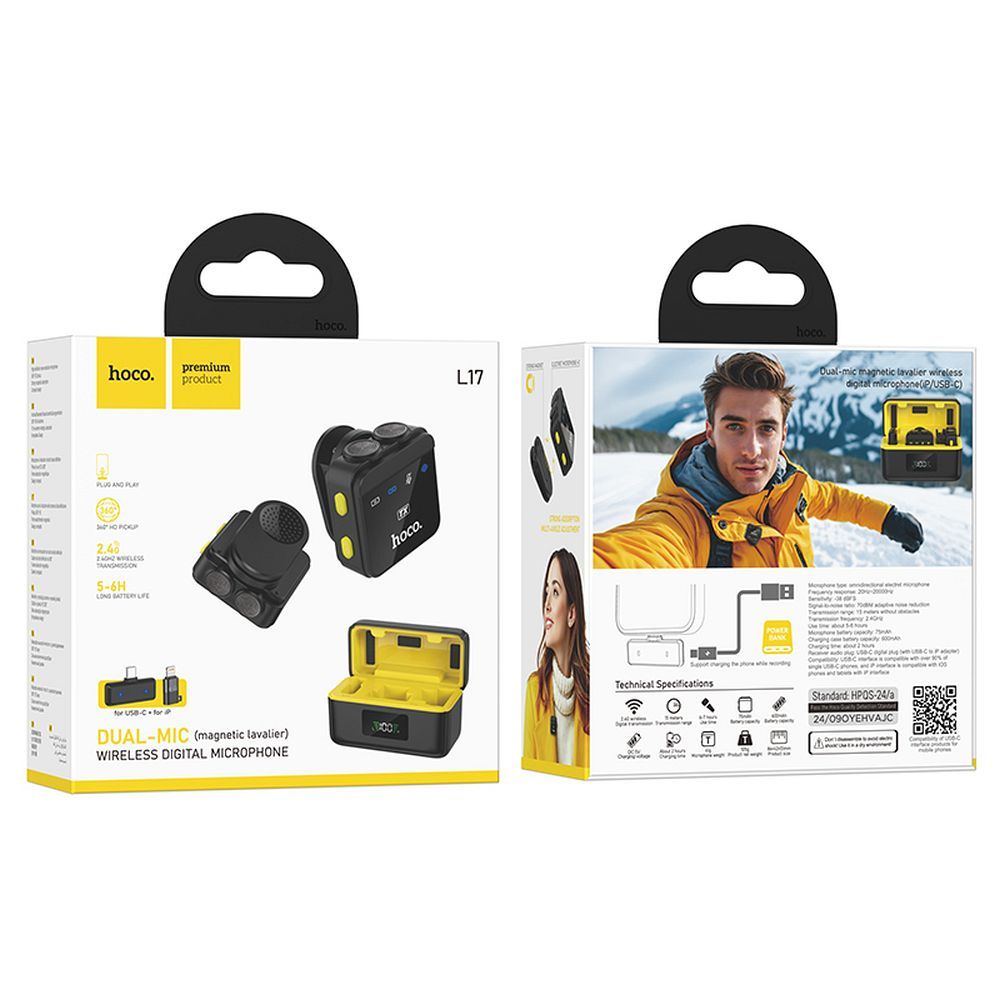 Lavalier HOCO L17, USB-C / Lightning, Set 2 kosa, Črna