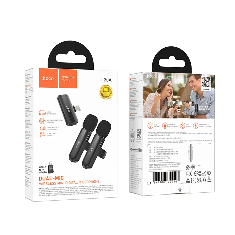Lavaliera HOCO L20A, USB-C / Lightning, Set 2 kosa, Črna