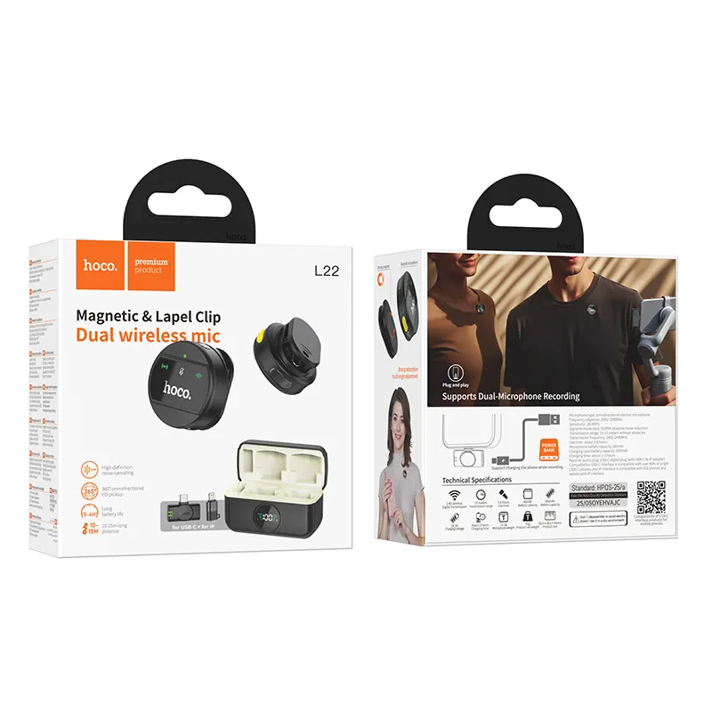 Lavalier mikrofon HOCO L22, USB-C / Lightning, Set 2 kosa, Črn