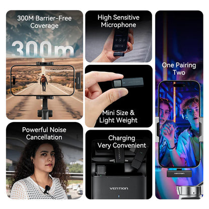 Lavaliera Vention Clip-On, USB-C, Set 2 kosa, Črna