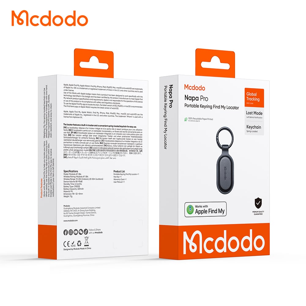 Mcdodo SmartTag obesek za ključe Napa Pro AT-3840 za iOS serijo, črna