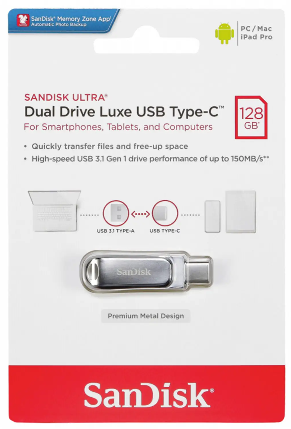 Zunanji pomnilnik USB-A 3.2 / USB-C SanDisk Ultra Luxe Dual Drive, 128Gb SDDDC4-128G-G46
