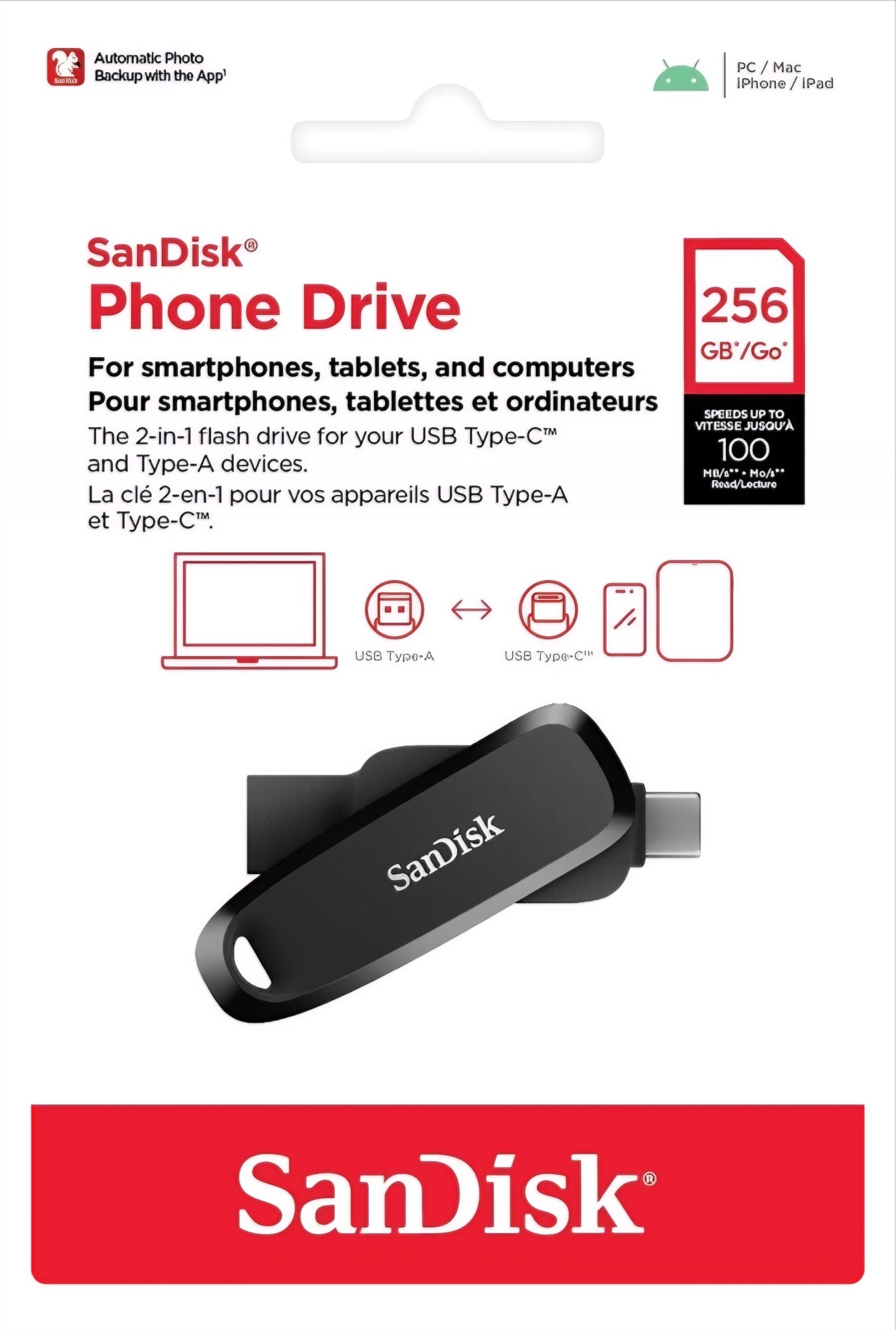 Zunanji pomnilnik USB-A 3.2 / USB-C SanDisk Phone Drive, 256Gb SDDDC6-256G-G46