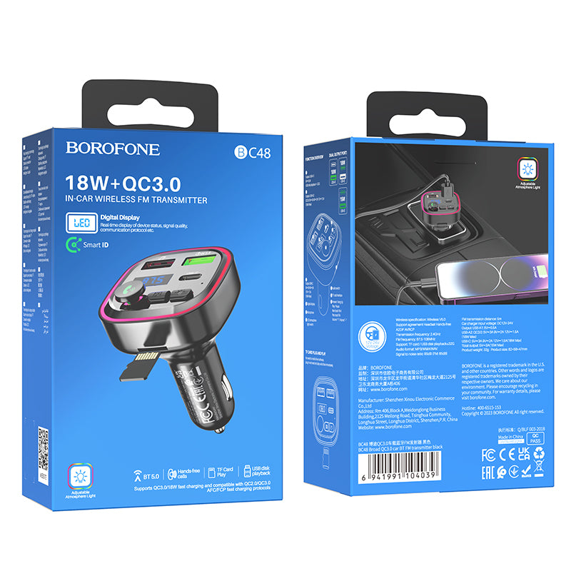 FM Bluetooth modulator Borofone BC48, 2 x USB-A - 1 x USB-C