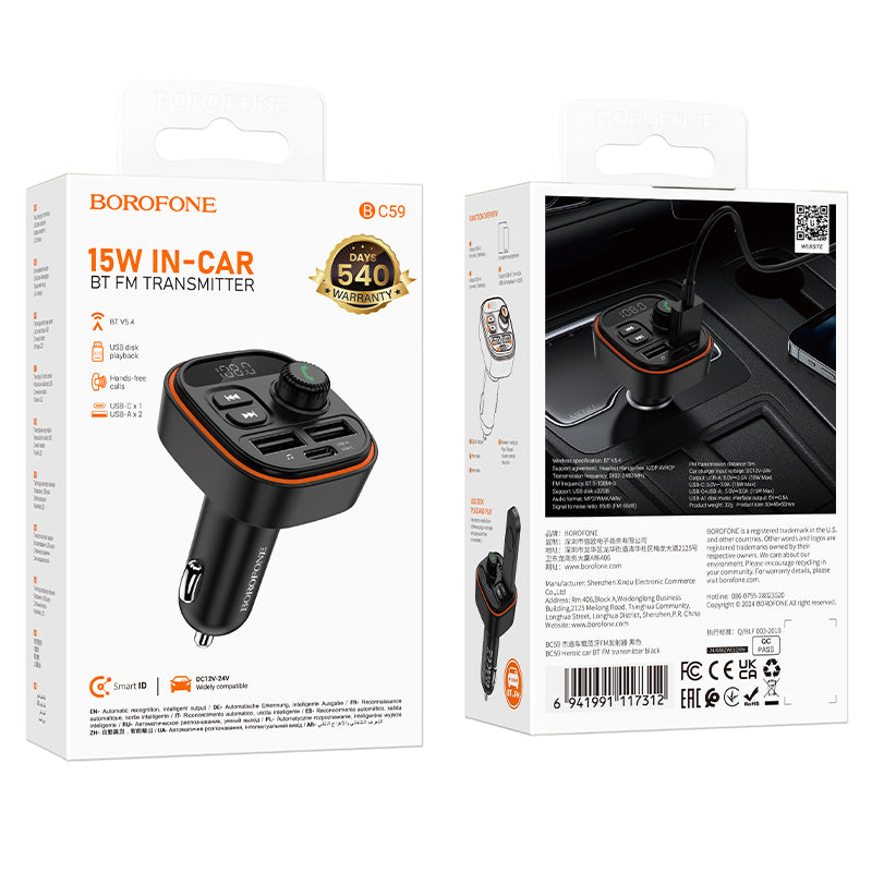FM Bluetooth modulator Borofone BC59 Heroic, 2 x USB-A - 1 x USB-C