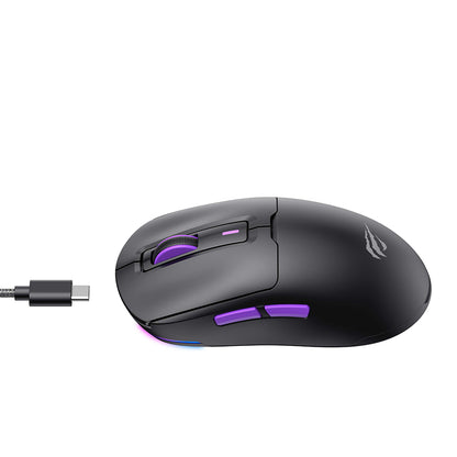 Brezžična igralna miška HAVIT MS969WB, RGB, 1000DPI - 16000DPI, BT / Wi-Fi / Žična, Črna