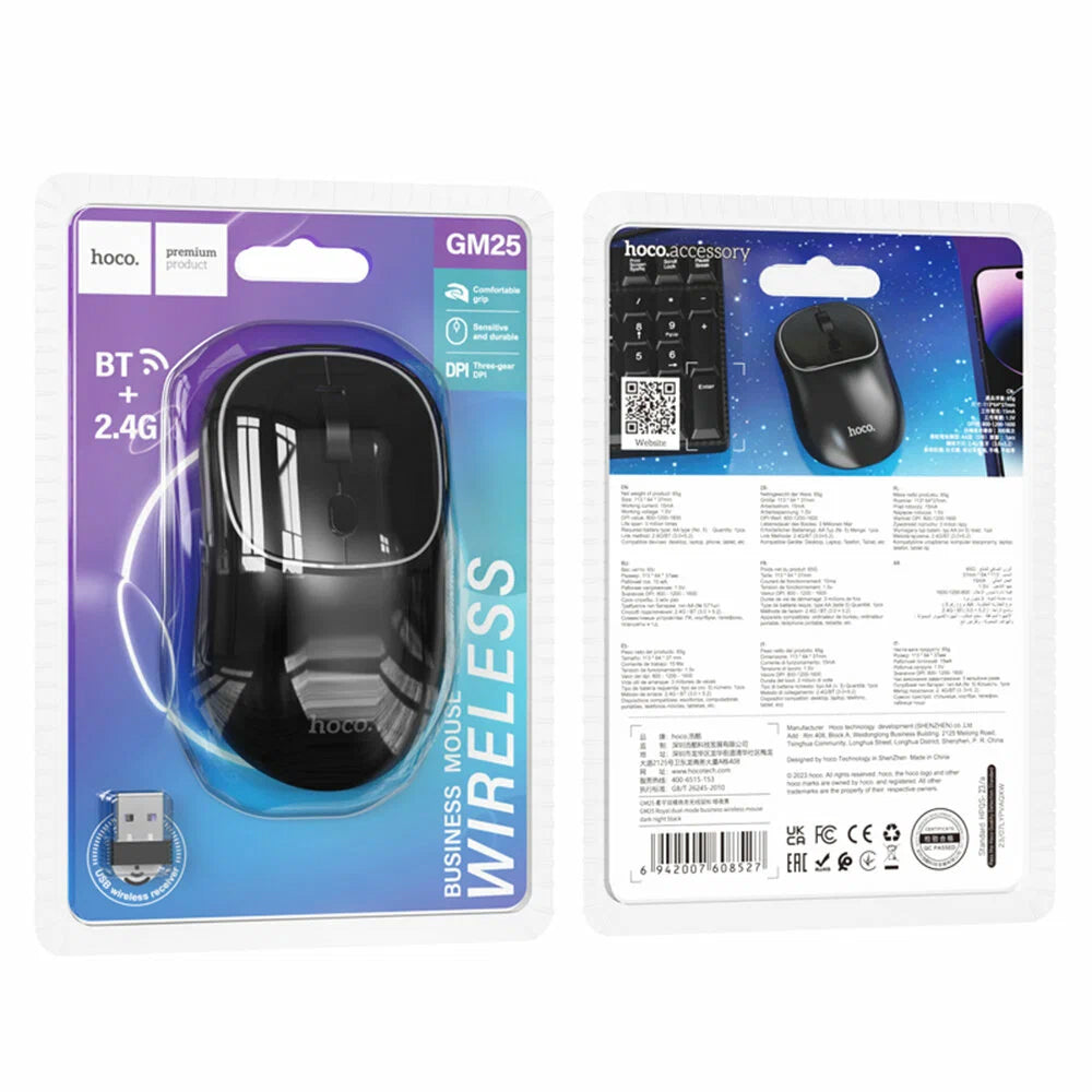 HOCO GM25 Wireless Mouse, 1600DPI, BT / Wi-Fi, Black