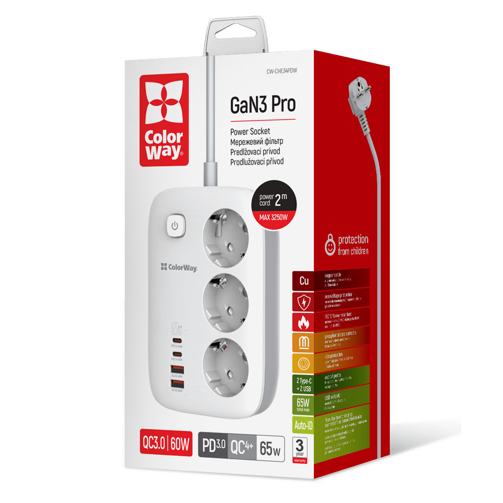 Podaljšek ColorWay, 3 x Schuko, Bel