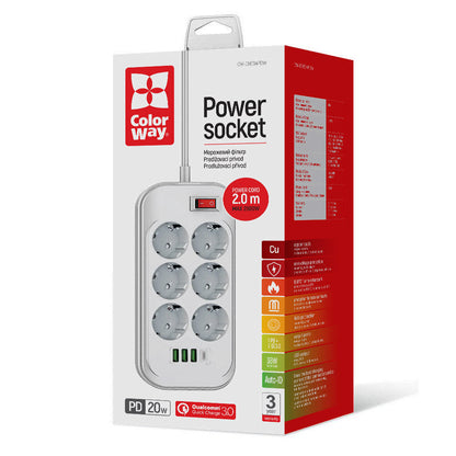 Podaljšek ColorWay, 6 x Schuko - 3 x USB-A - 1 x USB-C, Bela