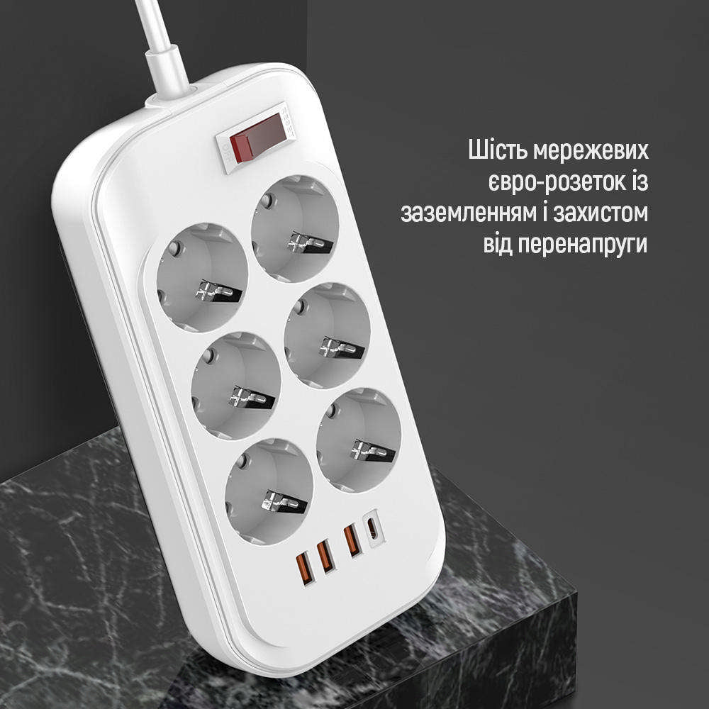 Podaljšek ColorWay, 6 x Schuko - 3 x USB-A - 1 x USB-C, Bela