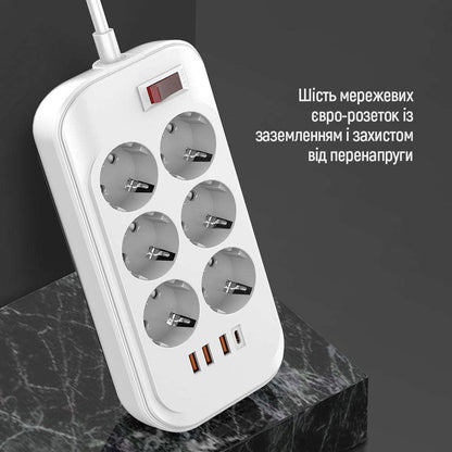 Podaljšek ColorWay, 6 x Schuko - 3 x USB-A - 1 x USB-C, Bela