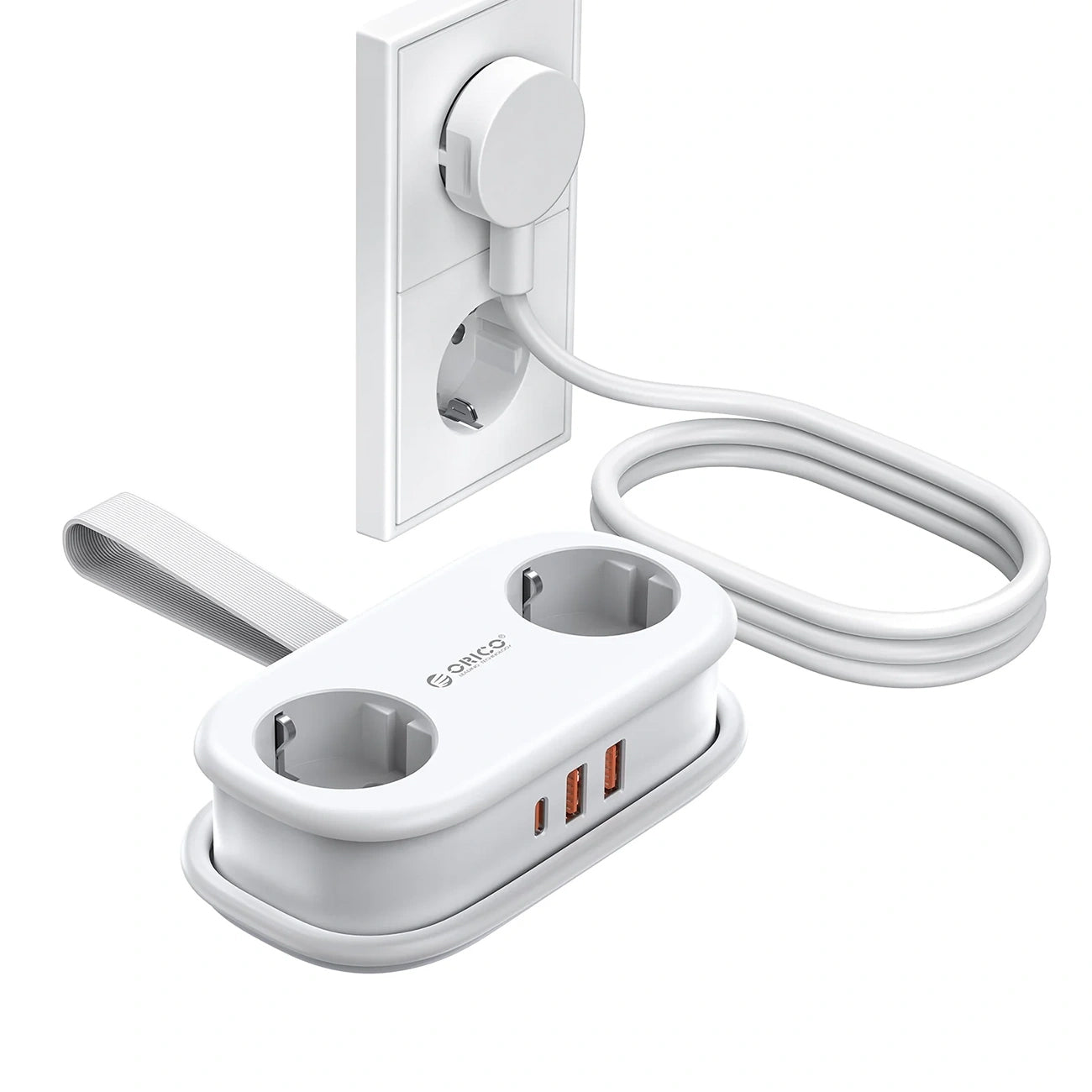 Podaljšek Orico APP, 2 x Schuko - 2 x USB-A - 1 x USB-C, Bel