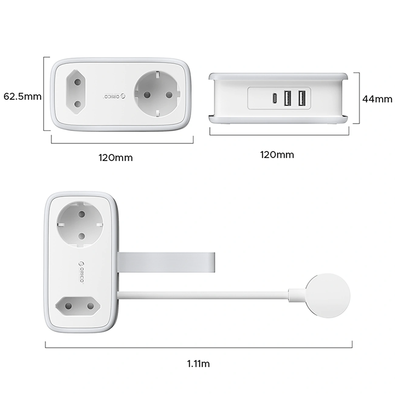 Podaljšek Orico APP, 1 x Schuko - 1 x Vtičnica - 2 x USB-A - 1 x USB-C, Bela Siva