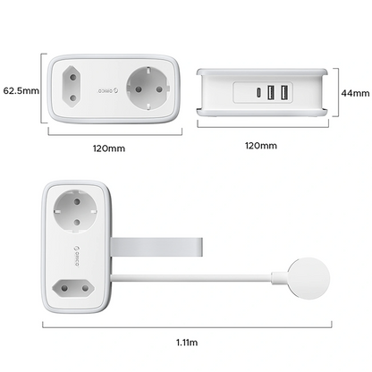 Podaljšek Orico APP, 1 x Schuko - 1 x Vtičnica - 2 x USB-A - 1 x USB-C, Bela Siva