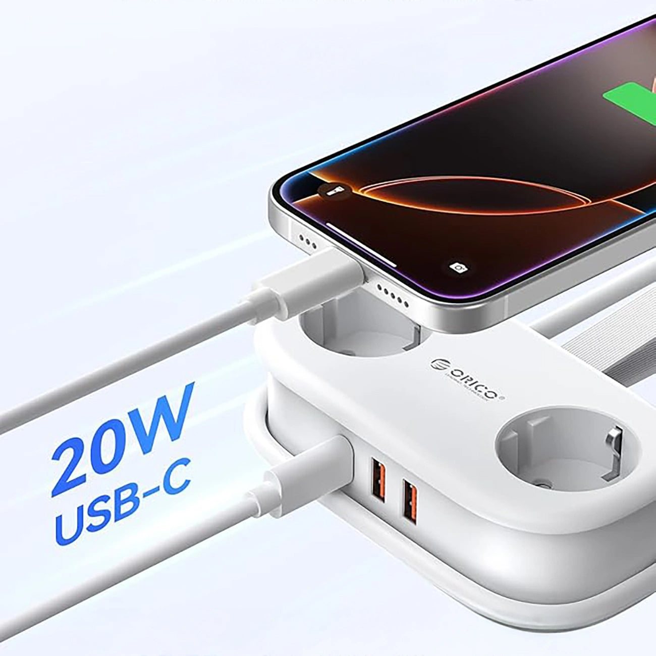 Podaljšek Orico APP, 2 x Schuko - 2 x USB-A - 1 x USB-C, Bel