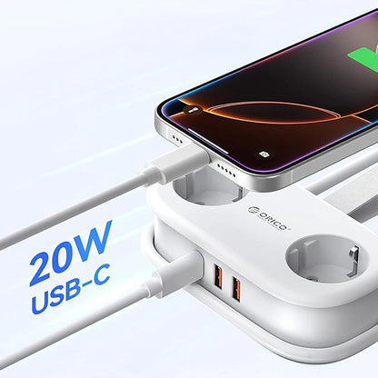 Podaljšek Orico APP, 2 x Schuko - 2 x USB-A - 1 x USB-C, Bel
