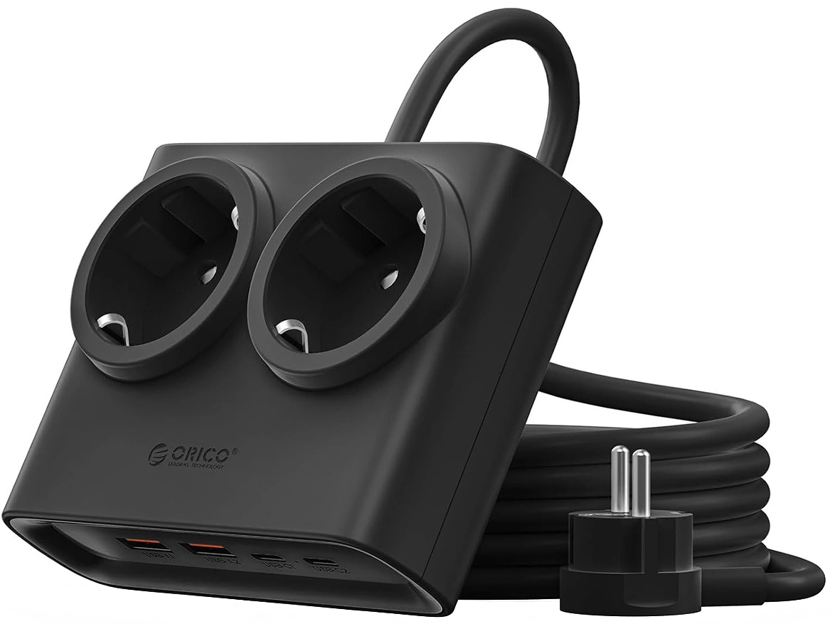 Podaljšek Orico PDC25, 2 x Schuko - 2 x USB-A - 2 x USB-C, Črn