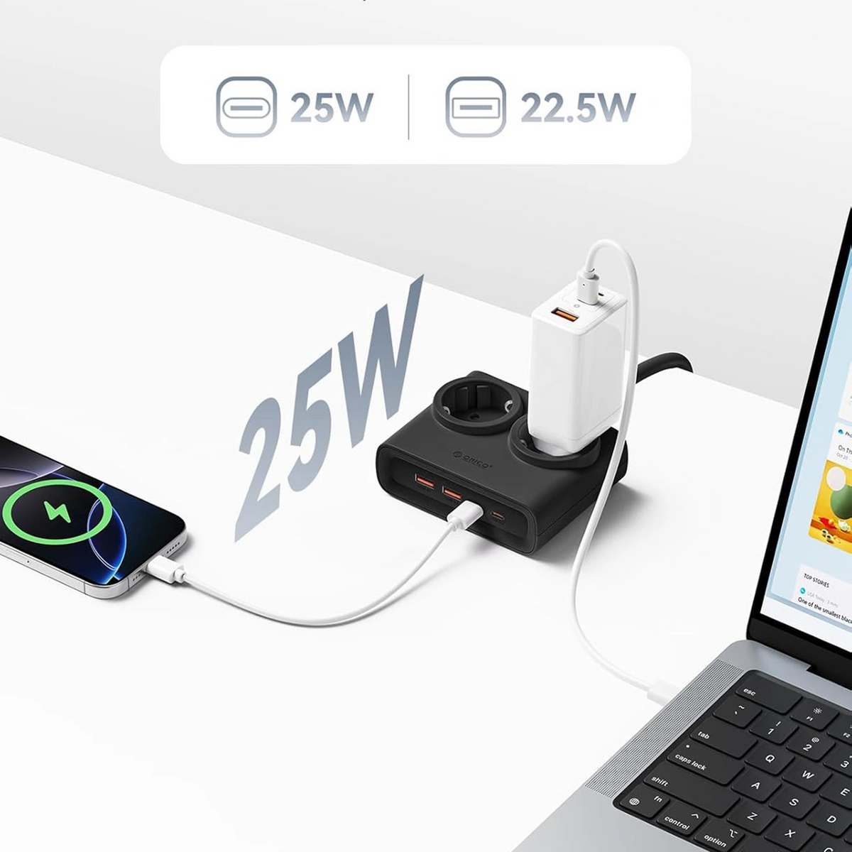 Podaljšek Orico PDC25, 2 x Schuko - 2 x USB-A - 2 x USB-C, Črn