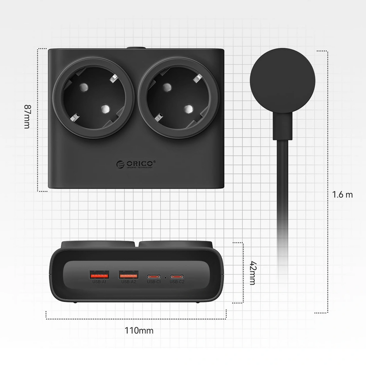 Podaljšek Orico PDC25, 2 x Schuko - 2 x USB-A - 2 x USB-C, Črn