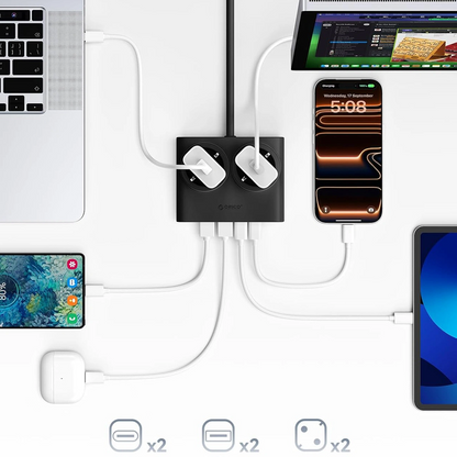 Podaljšek Orico PDC25, 2 x Schuko - 2 x USB-A - 2 x USB-C, Črn