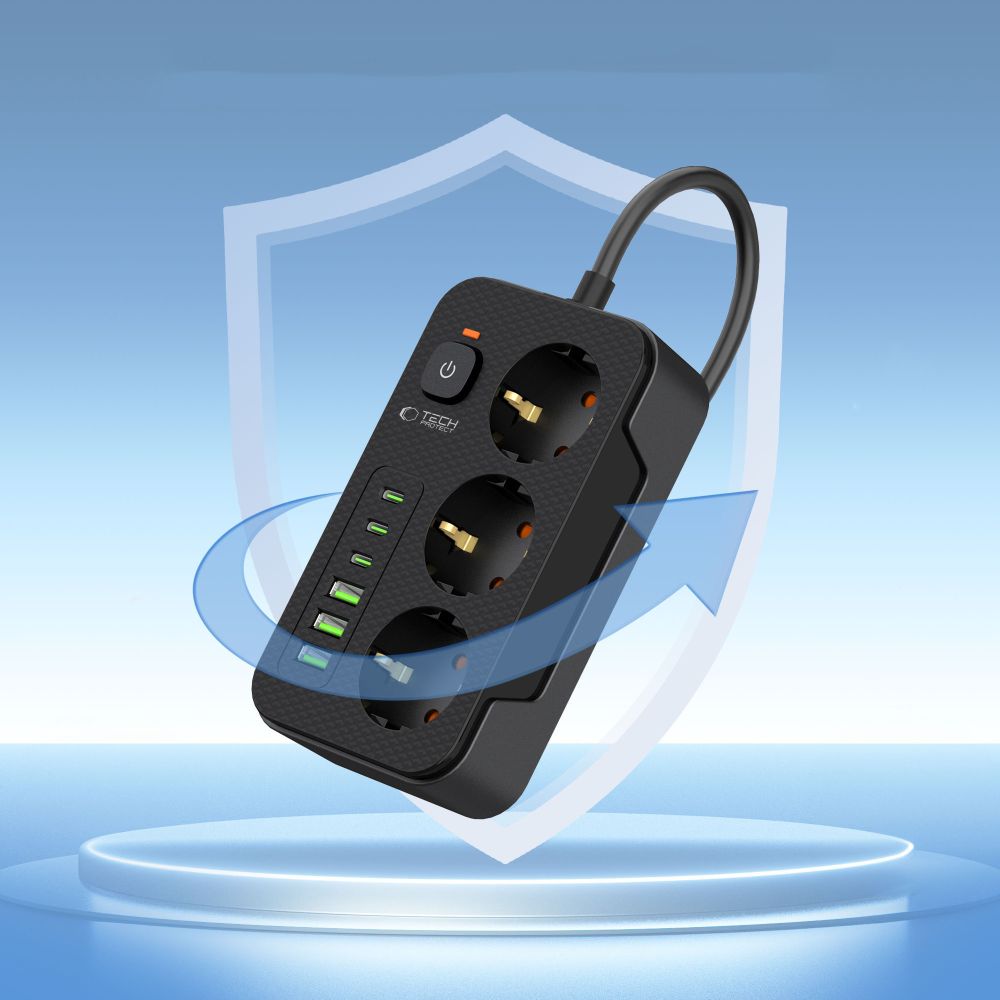 Podaljšek Tech-Protect PC3X6, 3 x Schuko, Črn