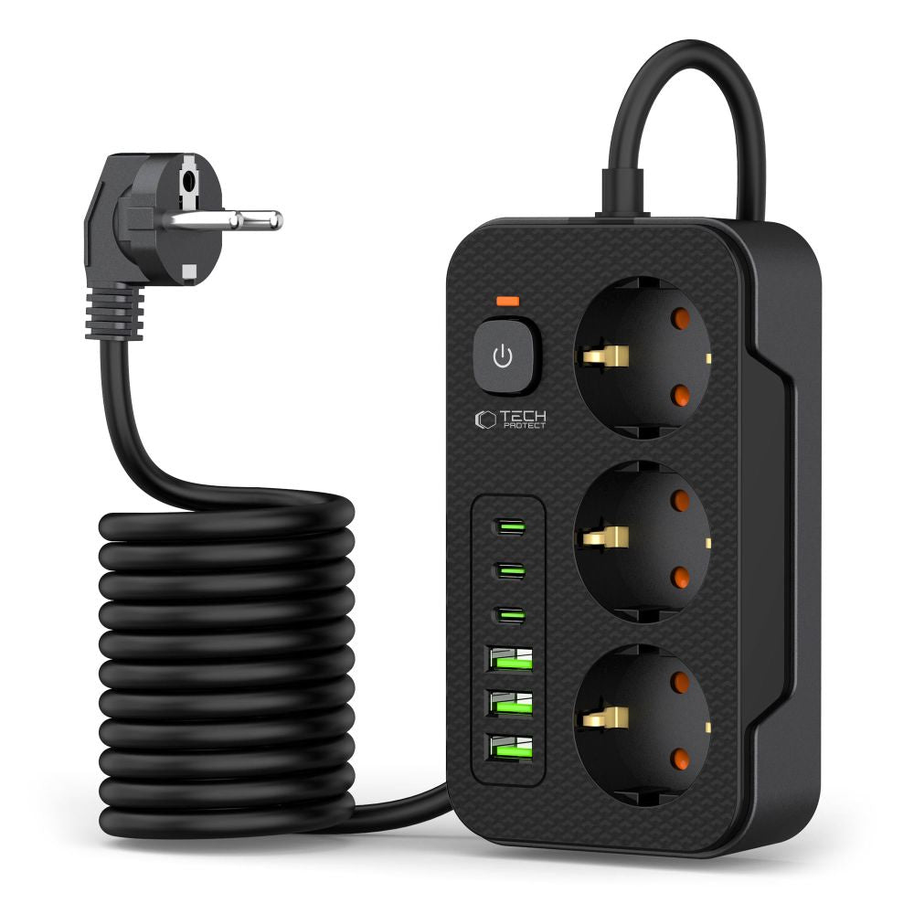 Podaljšek Tech-Protect PC3X6, 3 x Schuko, Črn