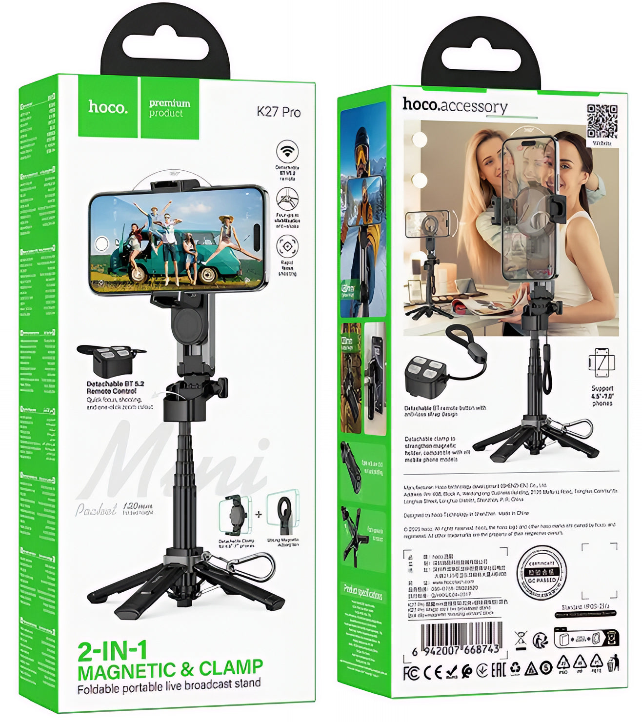 Selfie Stick Bluetooth HOCO K27 Pro, Univerzalen, Črn