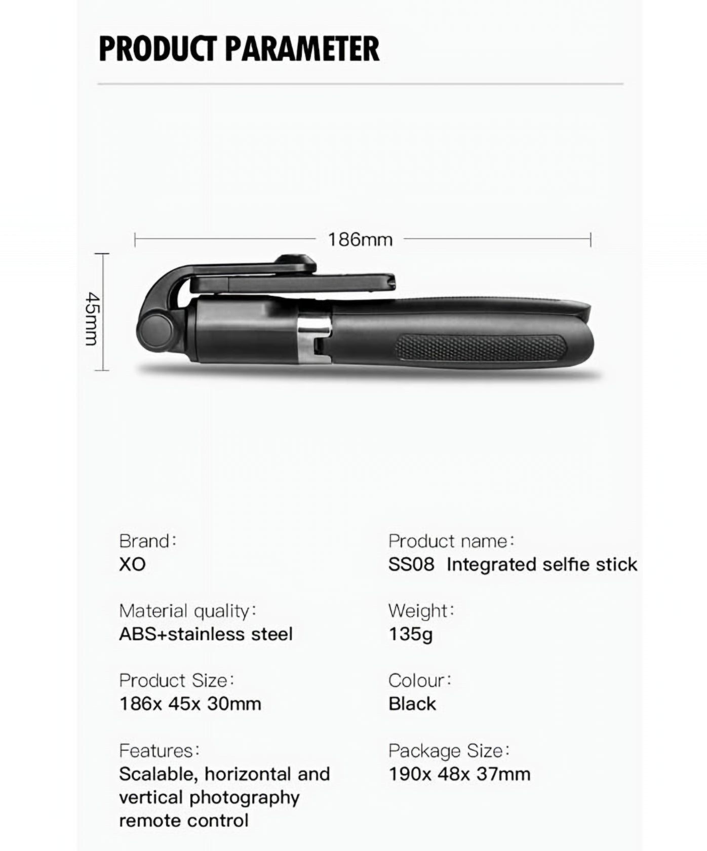 Selfie Stick Bluetooth XO Design SS08, Univerzalen, Črn
