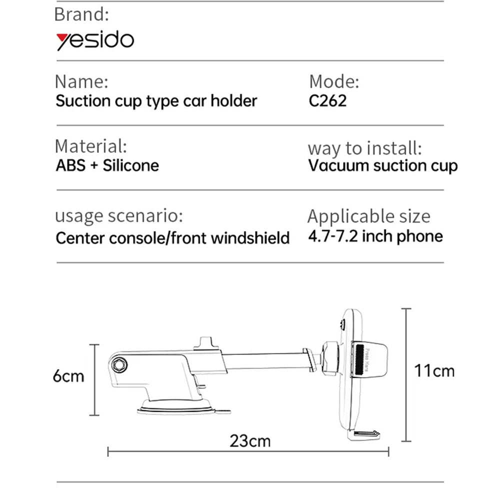 Nosilec za avto Yesido C262, 4.7inch - 7.2inch, črn