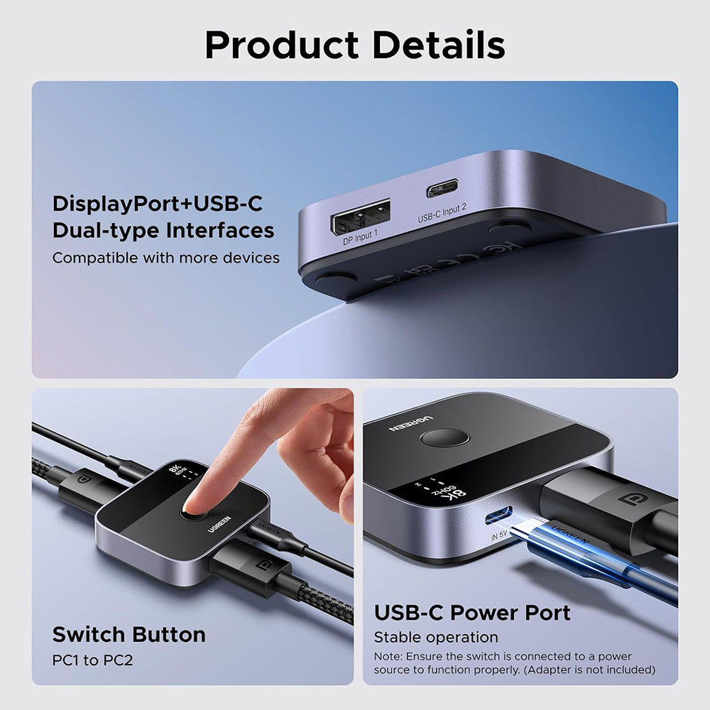Stikalo za video DisplayPort / USB-C UGREEN 65878, Črno
