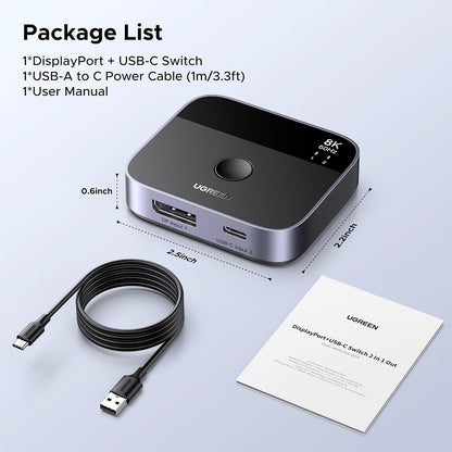 Stikalo za video DisplayPort / USB-C UGREEN 65878, Črno