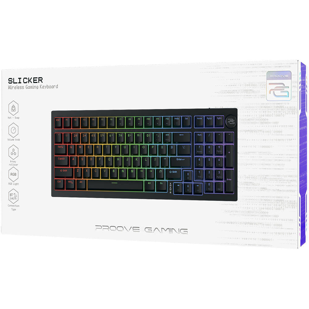 Brezžična igralna tipkovnica Proove Slicker, RGB, BT / Wi-Fi / Žična, 1.8m, Črna WKSLEN00022401