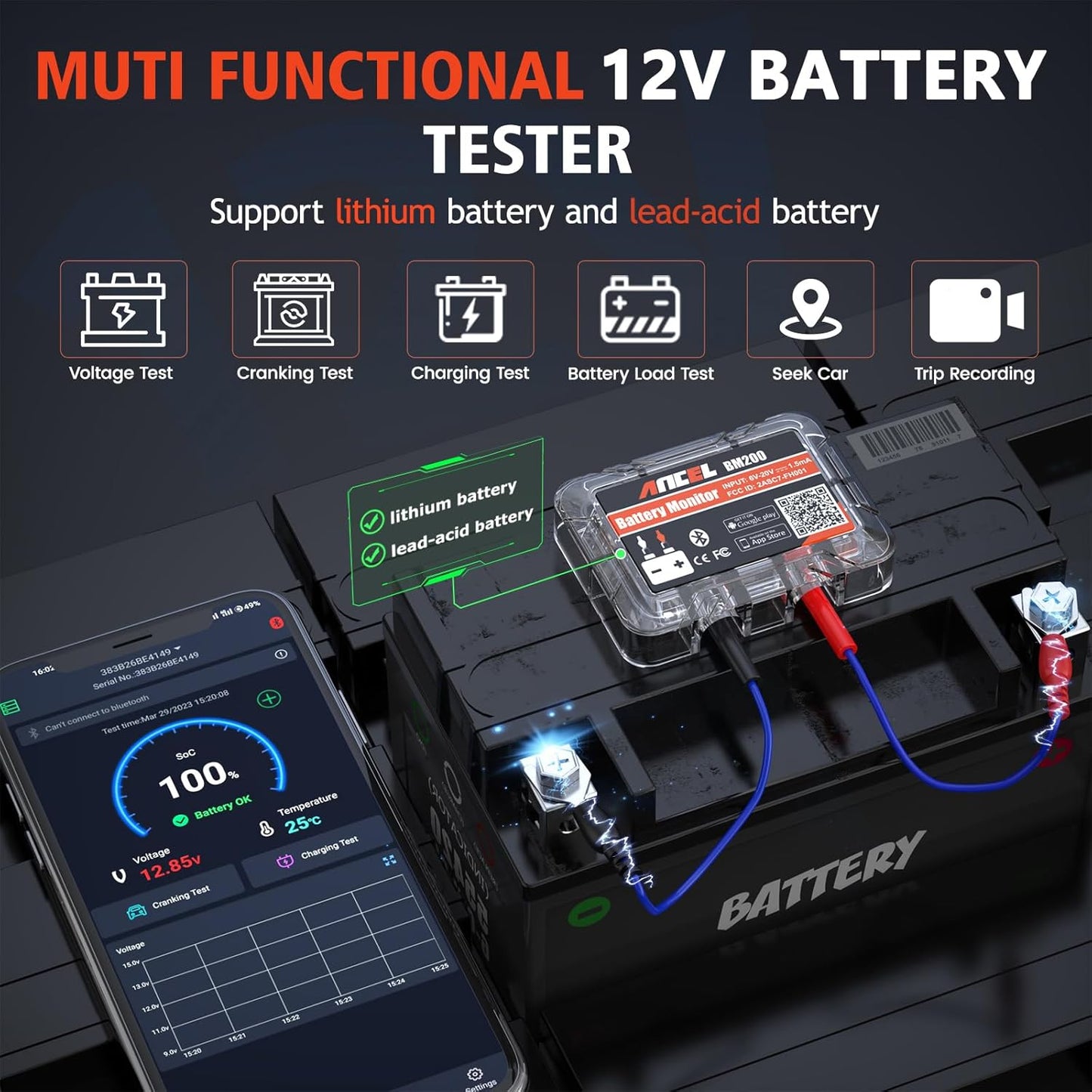 Bluetooth tester za spremljanje avtomobilske baterije Ancel BM200
