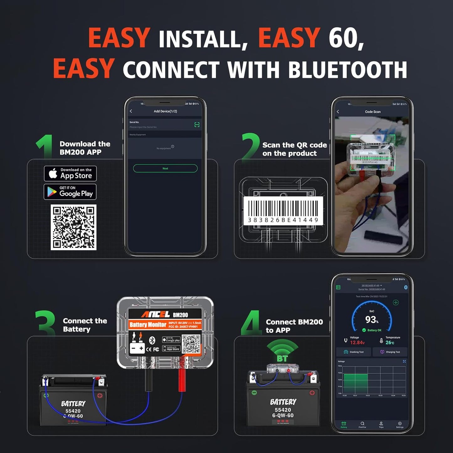 Bluetooth tester za spremljanje avtomobilske baterije Ancel BM200